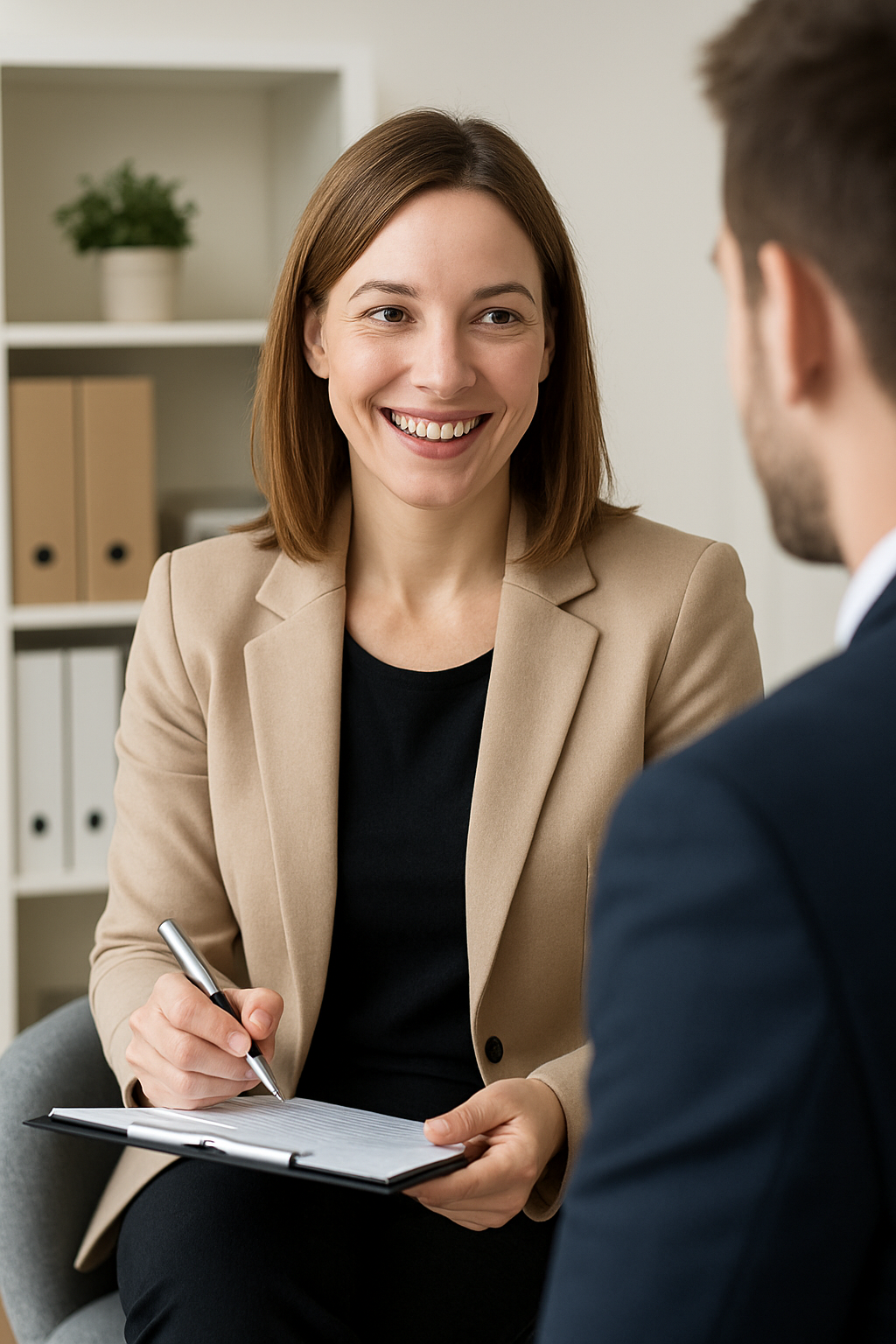 HR Professional chatting to a client in their office