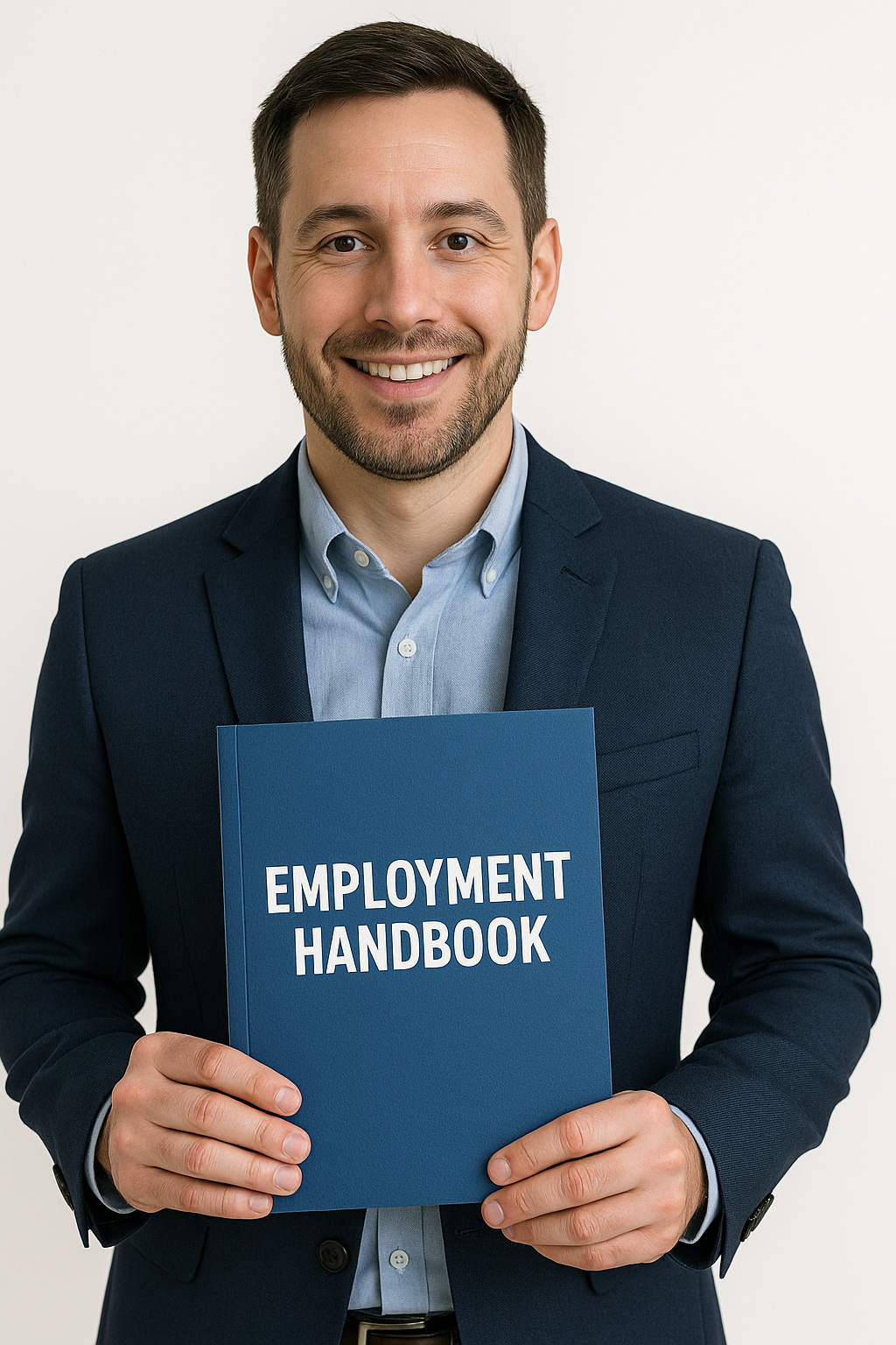 HR professional holding an employment handbook